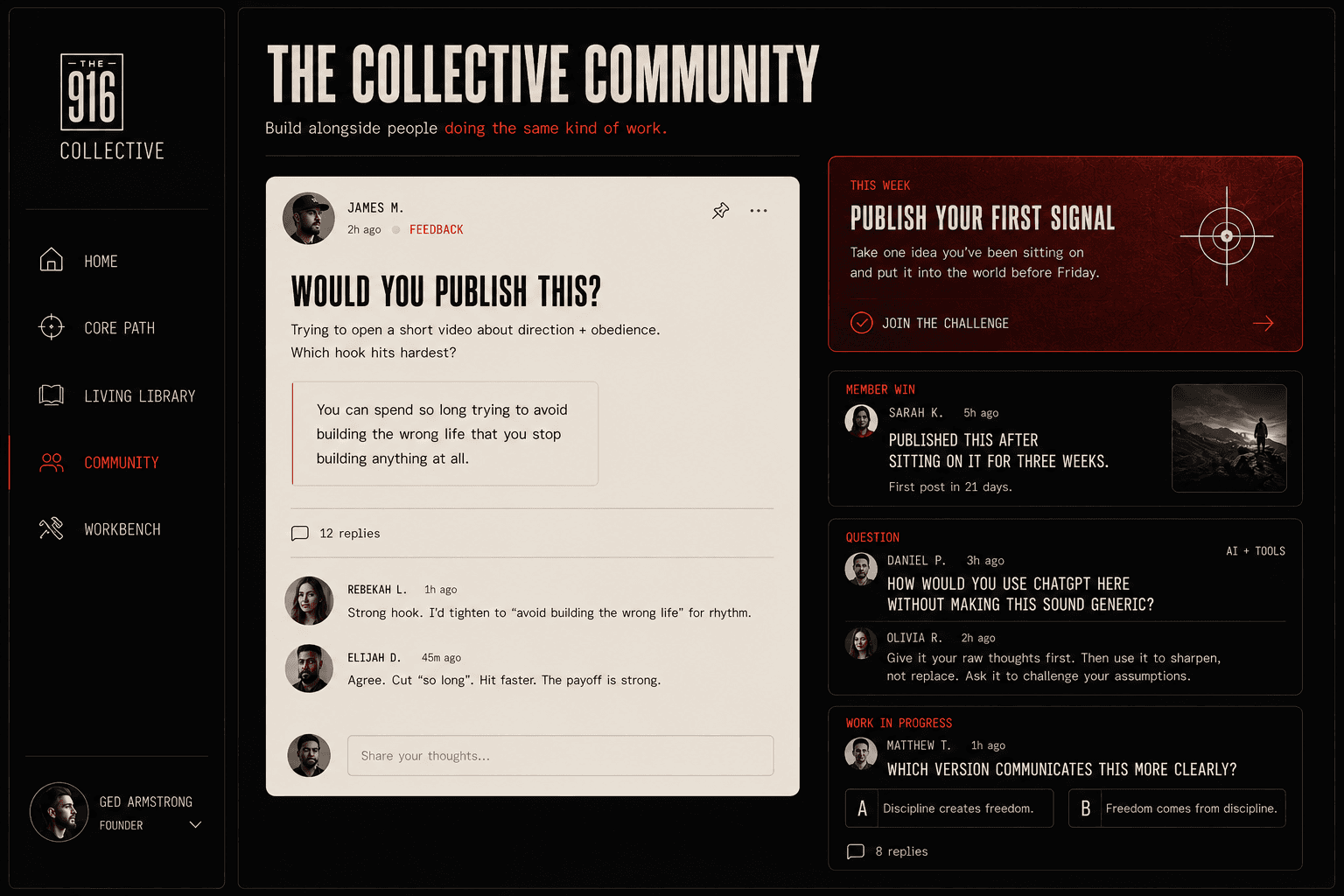 The Collective community workroom showing drafts, feedback and member progress.