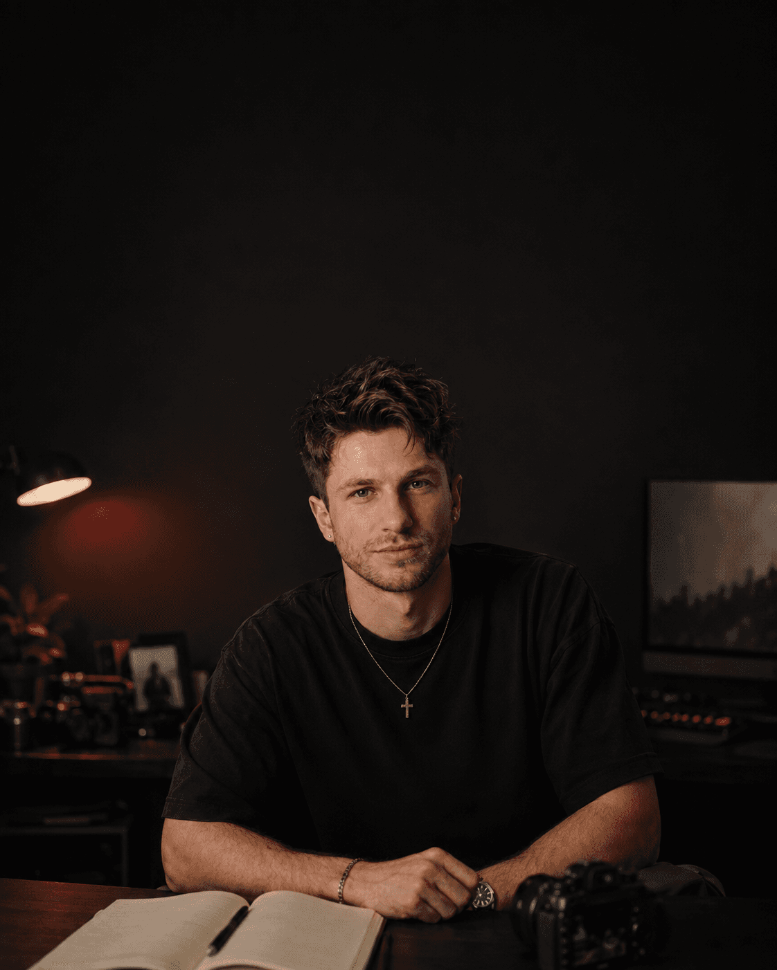 Ged Armstrong seated at his desk in a dark creative studio.