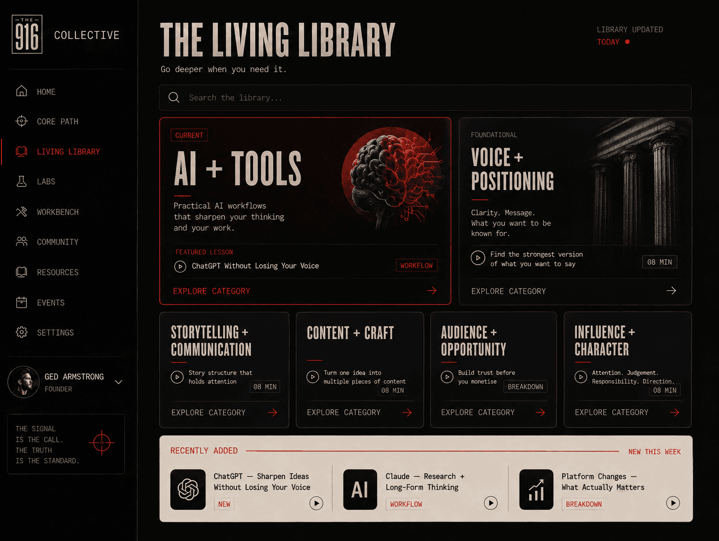 The Collective Living Library interface with practical training categories.