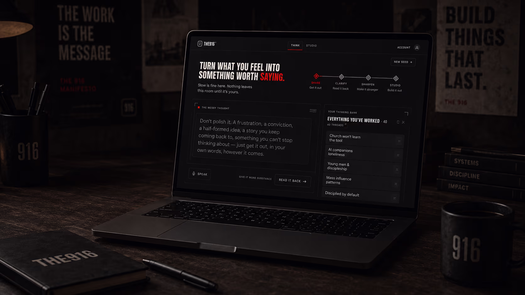 Creator Workbench shown on a laptop in a dark studio.